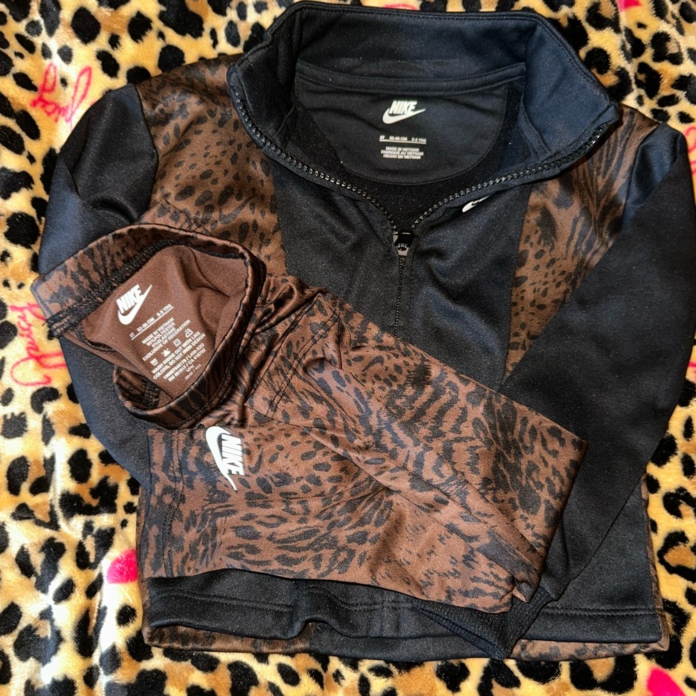 NWOT Nike Little Girls Black and Brown Leopard Print Activewear Set 3T